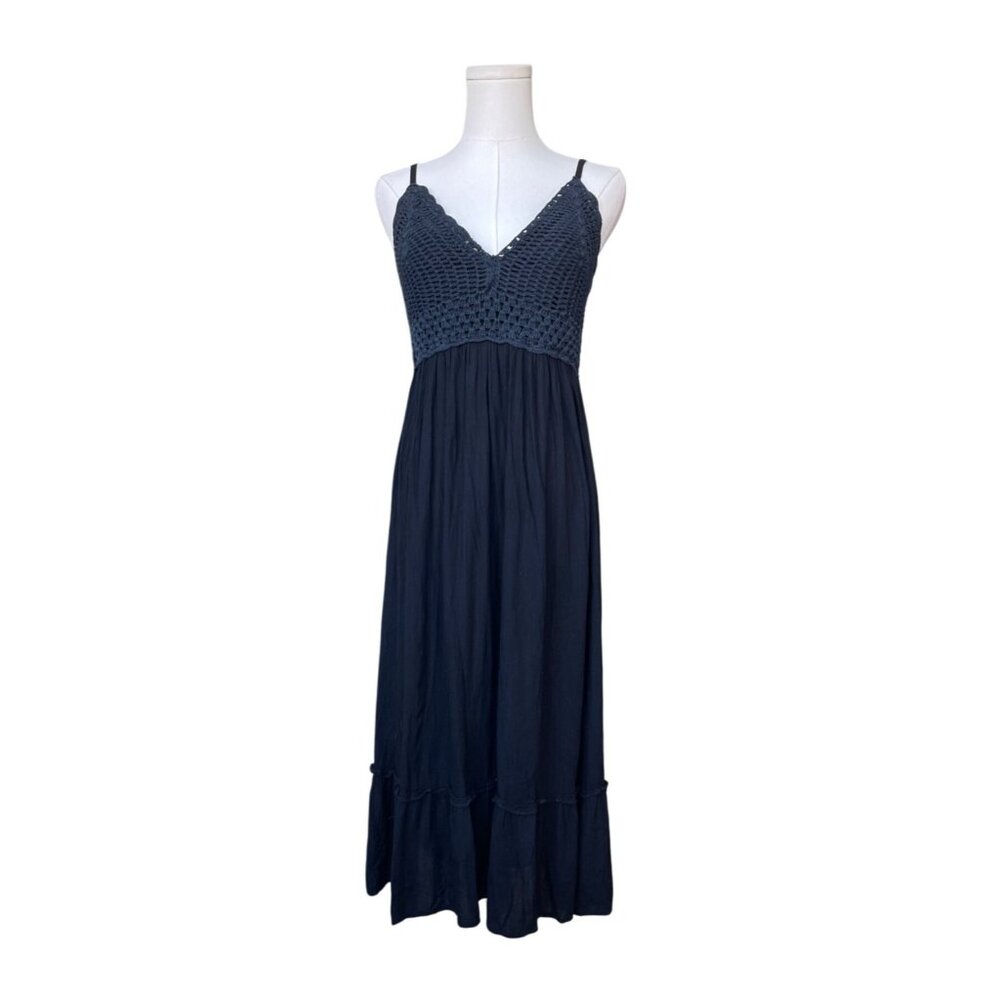 Blush Y2K Crochet Knit Boho Babydoll Midi Dress Size XL Tiered Ruffle Black